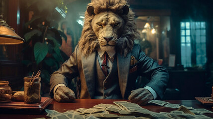 An anthropomorphic lion in a suit counts banknotes
