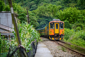 A yellow diesel train is driving in the mountains and forests. Along the Pingxi line, there are...