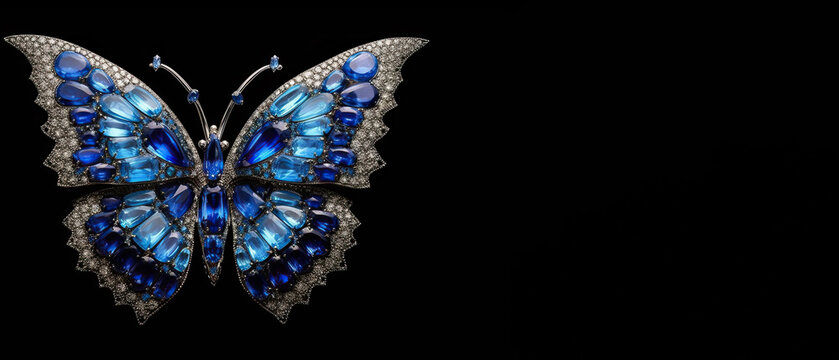 blue gemstone butterfly on black background. Generative AI image.