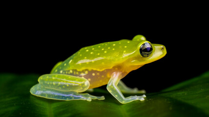 Obraz premium A glass frog resting on a transparent leaf in a rainforest