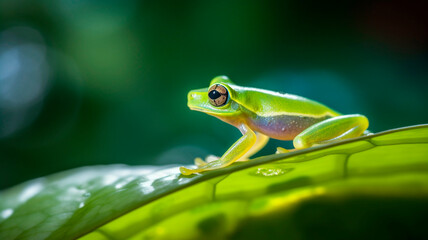 Fototapeta premium A glass frog resting on a transparent leaf in a rainforest