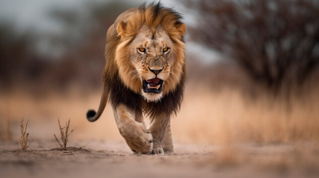 Professional photograph of a wild animal, a lion staring frantically at its prey