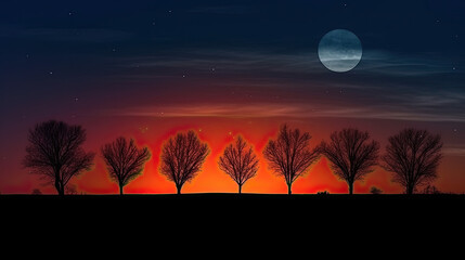 landscape with full moons and trees. Generative AI image.
