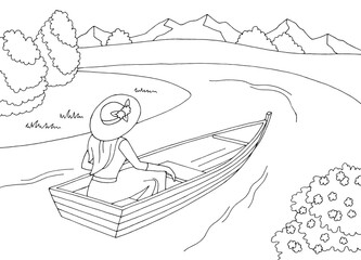 Fototapeta na wymiar Boat river park woman rowing graphic black white landscape sketch illustration vector 