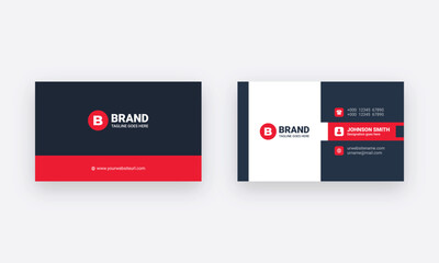 Professional business card design template. Simple clean business card layout with red color shape.