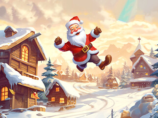 Santa Claus in winter village. Merry christmas and Happy New year concept/ Illustration. Post processed AI generated image