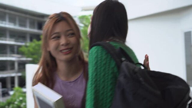 portrait of a woman. two student hugging in university.