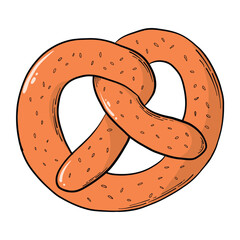 Pretzel hand drawn doodle, isolated cartoon element. Bretzel german traditional bread. Print, sublimation, card, poster, sticker, sign design. EPS 10