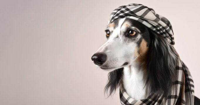 Cute Arabian Saluki with keffiyeh wrapped around head, on studio background. Banner with copy space. AI generative