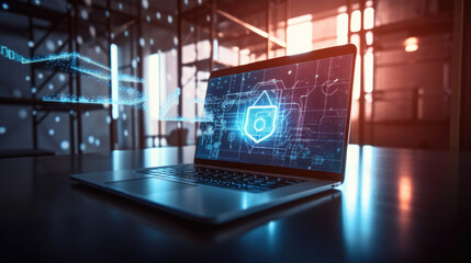 laptop on desk in modern office with blue glow and a padlock on the screen - good data security awareness and training - importance of cyber security - corporate data - generative ai, 