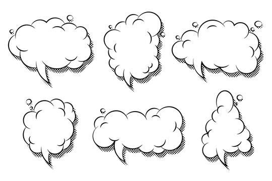 Cartoon empty retro comic style speech cloud bubbles set with black halftone shadows. Hand drawn pop art, vintage speech clouds, thinking bubbles, and conversation text elements. Vector illustration