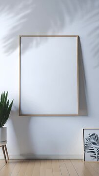 video mockup, picture frame blank template, poster print wooden frame mock up, wall art canvas showcase, artwork painting photo presentation, vertical, cozy boho living room, minimalist aesthetic 