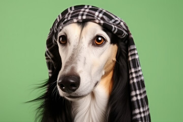 Cute Arabian Saluki with keffiyeh wrapped around head, on studio background. AI generative