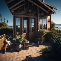 Small Wooden Cabin Boho Style Exterior, Ocean Beach Shore View, Steps To Sand, Sunny day, Generative Ai