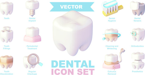 Vector dental care icon set. Dentist and orthodontics clinic services. Tooth ceramic veneers, braces, prosthesis, implant, teeth whitening - 614427518