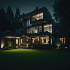 Stylish Modern House Home exterior, Large Green Yard With trees, Large Windows, Generative Ai