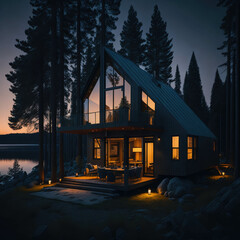 Fototapeta premium Modern Villa Exterior House, Large Windows, Lake View, Night, Reflective Windows, Generative Ai
