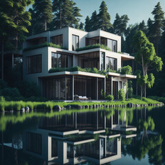 Fototapeta premium Modern Villa Exterior House, Large Windows, Lake View, Sunny day, Reflective Windows, Generative Ai