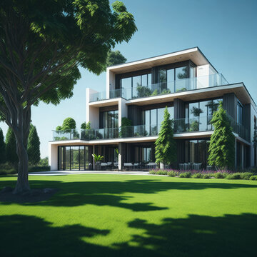 Stylish Modern House Home exterior, Large Green Yard With trees, Large Windows, Generative Ai