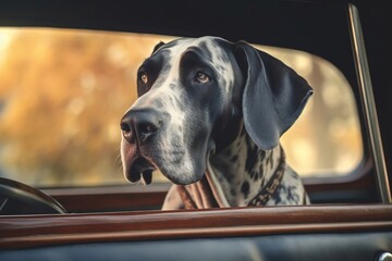 Closeup Photo of Great Dane Dog Sitting in Vintage Car - Timeless Elegance and Canine Charm Generative Ai