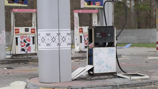 Broken gas station from shells and mines, destroyed by the war in Ukraine