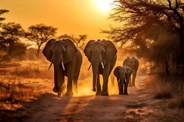 Fototapeta na wymiar Far Capture of Elephant Family Walking Against the Sunset - Majestic Silhouettes and Golden Glow, Generative Ai