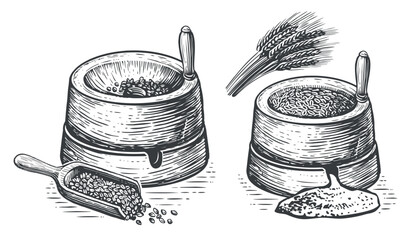 Millstone sketch. Hand mill is an ancient stone tool for grinding grain products and obtaining flour. Vintage vector © ~ Bitter ~