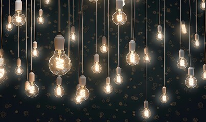  a bunch of light bulbs hanging from a ceiling with a black background and gold dots on the wall in the center of the picture is a cluster of light bulbs.  generative ai