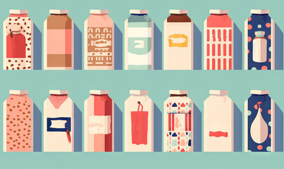  a row of milk cartons sitting on top of a blue shelf next to a wall with a pattern on it and a blue background.  generative ai