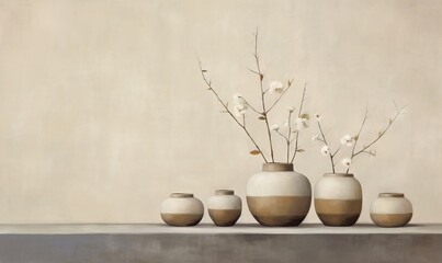  a group of vases sitting on top of a table filled with white and brown flowers and branches in them, with a beige wall in the background.  generative ai