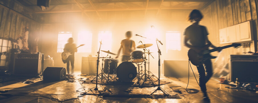 A grungy alternative type rock band performing or rehearsing in an old warehouse. type stage. Motion blur image. A three piece rock band, playing. Live performance. Hand edited generative AI. 