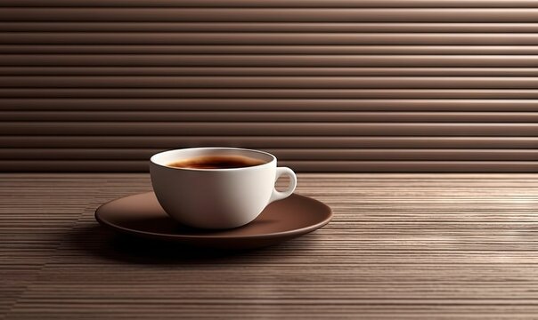  a cup of coffee sitting on top of a saucer on a wooden table next to a window covered in vertical blindes of blinds.  generative ai