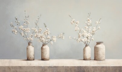  three white vases with flowers in them on a ledge against a gray wall with a gray wall behind them and a gray wall behind them.  generative ai