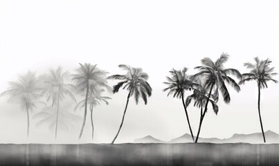  a black and white photo of a row of palm trees on a beach with mountains in the background and fog in the air in the foreground.  generative ai