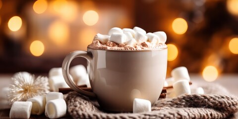 Obraz na płótnie Canvas Chocolate with marshmallows cup closeup, hot Winter holiday beverage, warm cozy house relaxation