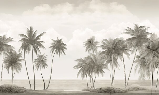  a black and white photo of a beach with palm trees in the foreground and a cloudy sky in the background with a few clouds in the distance.  generative ai