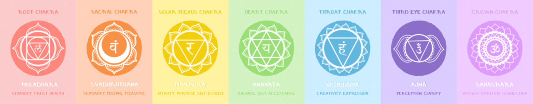 The seven human chakra with description and meaning. Colorful vector illustration with mandalas Sanskrit names. Each element can be used separately.