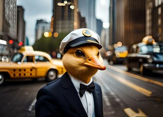 Duck bird dressed up as a taxi driver in the city, generative ai 