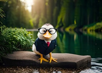 Portrait of a bird wearing suit and glasses, duck using generative ai