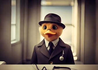 Cute duck dressed up as a doctor with hat, birds wearing clothes concept using generative ai