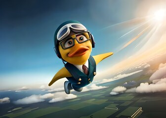 Cute pilot duck flying in the sky, bird with glasses. Generative ai