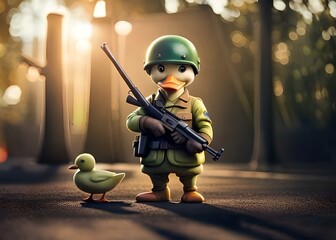 Cute soldier duck with gun and a companion in the woods, generative ai