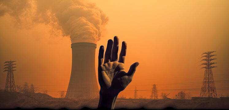 AI generated a hand emerging from the ground in front of a nuclear power plant. Let's stop nuclear power.