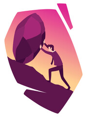 Businessman with boulder vector illustration. Unhappy person push rock or boulder suffer with overwork and responsibility. Crisis problem of business people, burden, challenge, conquering concept