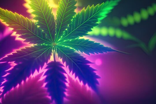 neon leaf of the cannabis on colorful background. ai generative
