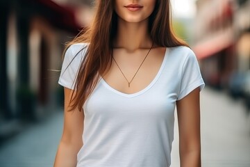Blank white t-shirt, wearing by woman (Ai generated)