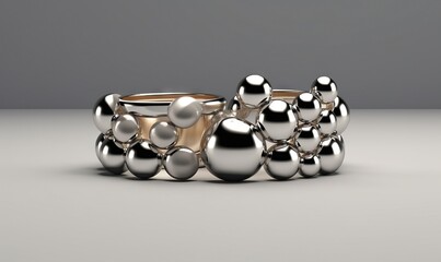  two rings made of silver balls on a white surface with a gray background and a gray background behind them, with a gray background and white backdrop.  generative ai