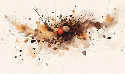  a painting of a bunch of objects on a white surface with brown and orange paint splatters on it and a red ball in the middle of the middle of the picture.  generative ai