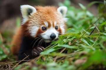 Red Panda Eating Bamboo, animal portrait (Ai generated)