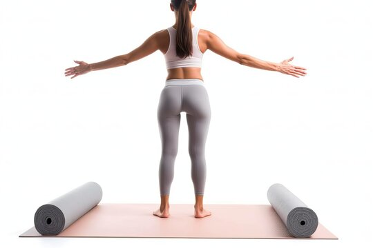Yoga, woman with yoga mat on white background (Ai generated)